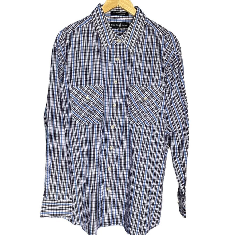 Beverly Hills Polo Club Men's 2XLB Long Sleeve Plaid Dress Shirt Blue Purple